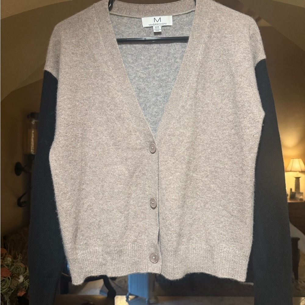 Magaschoni Taupe and Black Cardigan Sweater